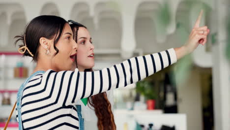 Friends,-cafe-and-woman-hand-pointing-for-choice