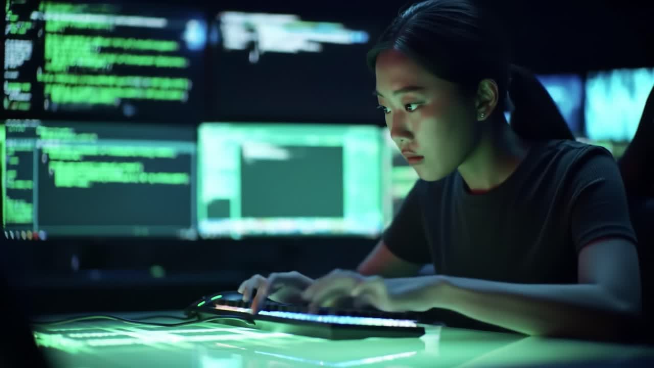 Young Programmer Intently Engaged in Coding Amidst a Dark Room Filled with Glowing Screens and Text, Highlighting the World of Technology and Innovation