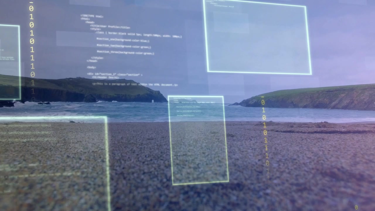 Sheer panel appearing above surf starting panels growing, binary cascading visualizing data, fading