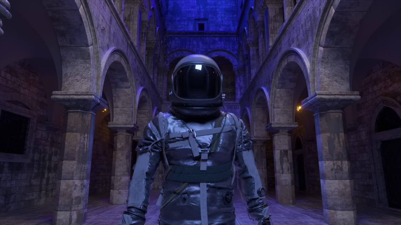 astronauta en las antiguas ruinas