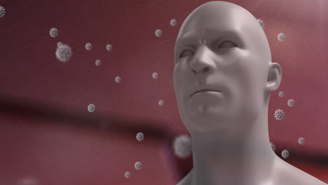 animation of covid 19 cells floating over human head and red background