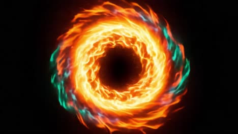 A swirling vortex of vibrant flames in fiery hues of orange, red, and turquoise, encapsulating a mesmerizing visual spectacle that captivates the viewer&#039;s imagination