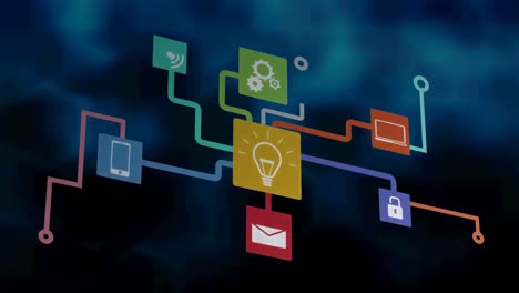 Animation of network of connections with icons over digital screens