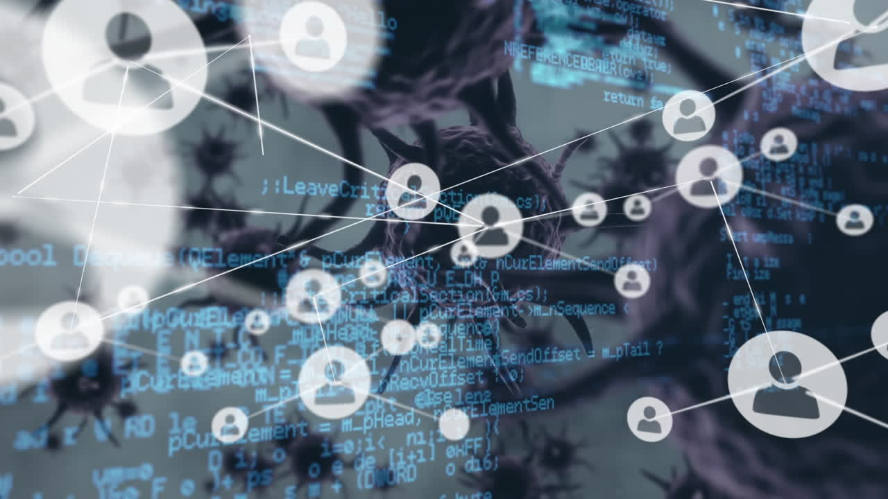 프로파일 아이콘의 네트워크와 회색 배경에 있는 여러 코로나19 세포에 대한 데이터 처리