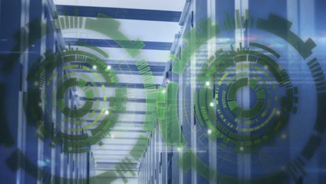Animation of loading circles and computer language over data server room