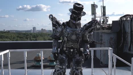 steampunk robot costume performance on rooftop