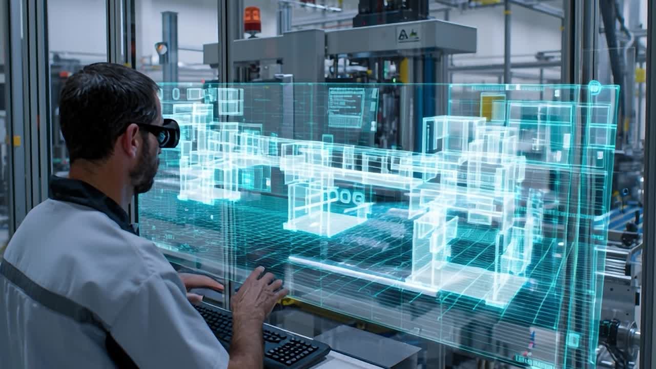 Engineer using augmented reality for industrial design in modern facility