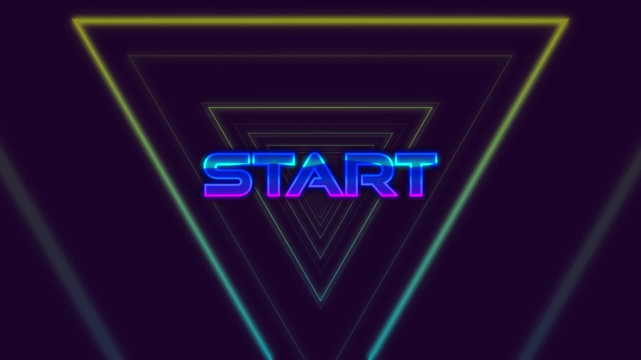 Animation of start text over moving colorful geometrical shapes on dark background