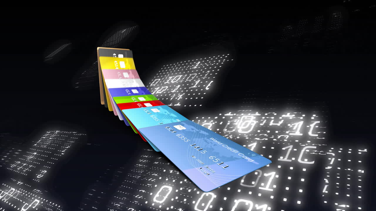 animación de tarjetas de crédito, codificación binaria y procesamiento de datos financieros