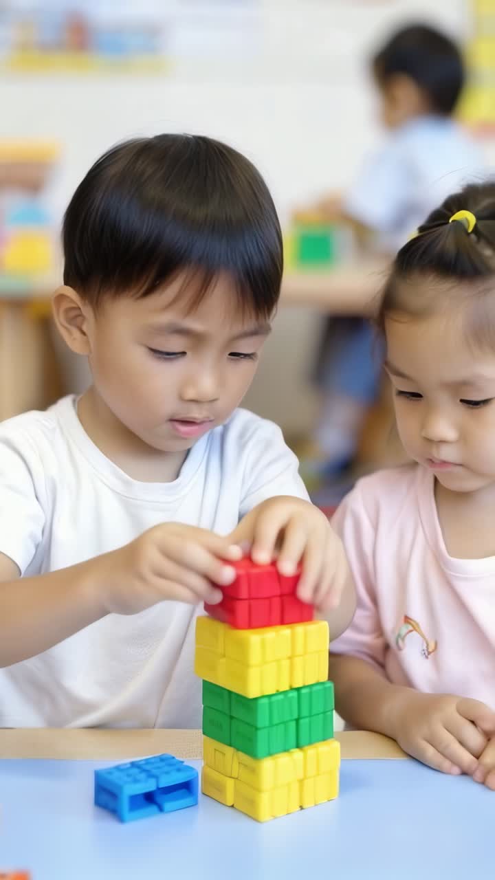 Kindergarten asian children sitting on the floor, happily playing with colorful blocks.