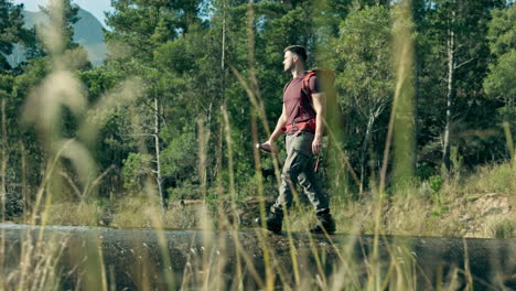 Walking,-bottle-or-man-hiking-on-in-nature