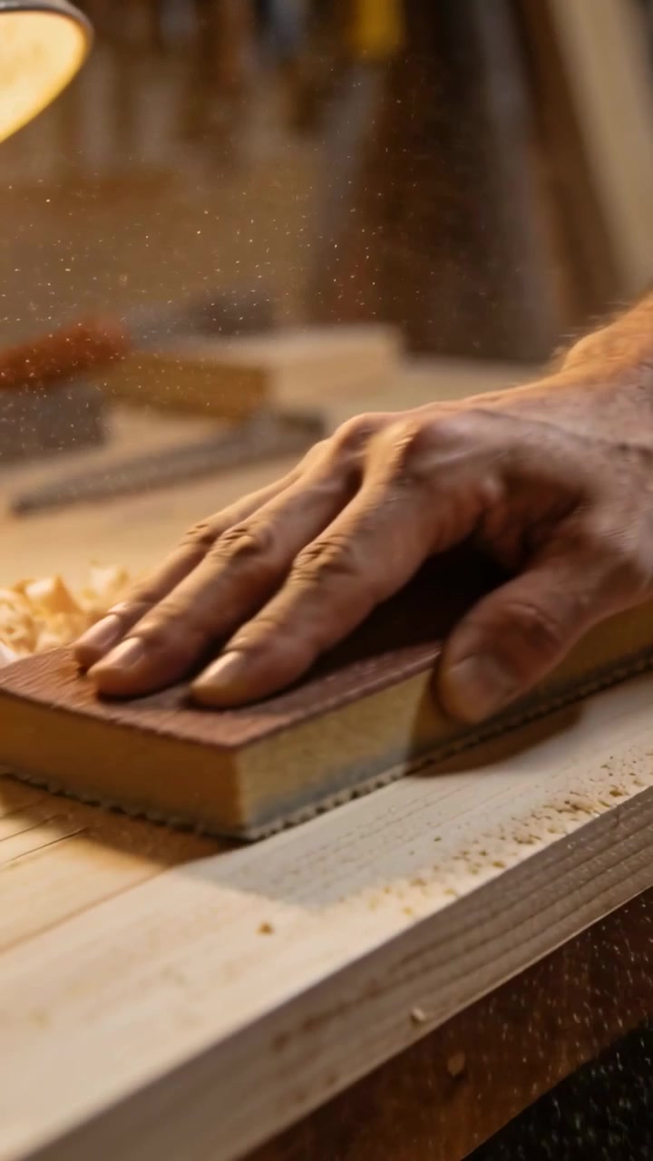 Vertical video: Pressing right hand using sanding block along plank at bench making dust to smooth