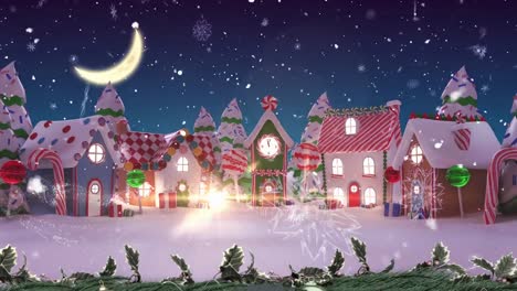 snowflakes falling over multiple houses on winter landscape against moon in the night sky