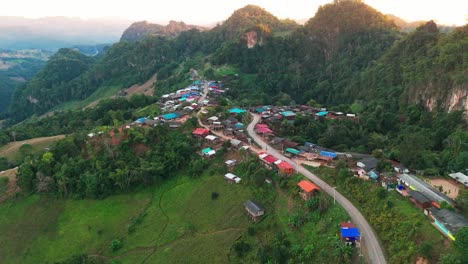 drone aerial of ban jabo northern thailand remote village in the province of mae hong son at sunset