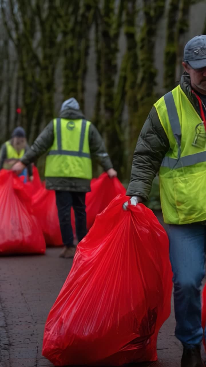 Community Members in Yellow Vests Collecting Red Bags While Walking Along Pathway, Demonstrating Collective Effort in Environmental Cleanup Initiative