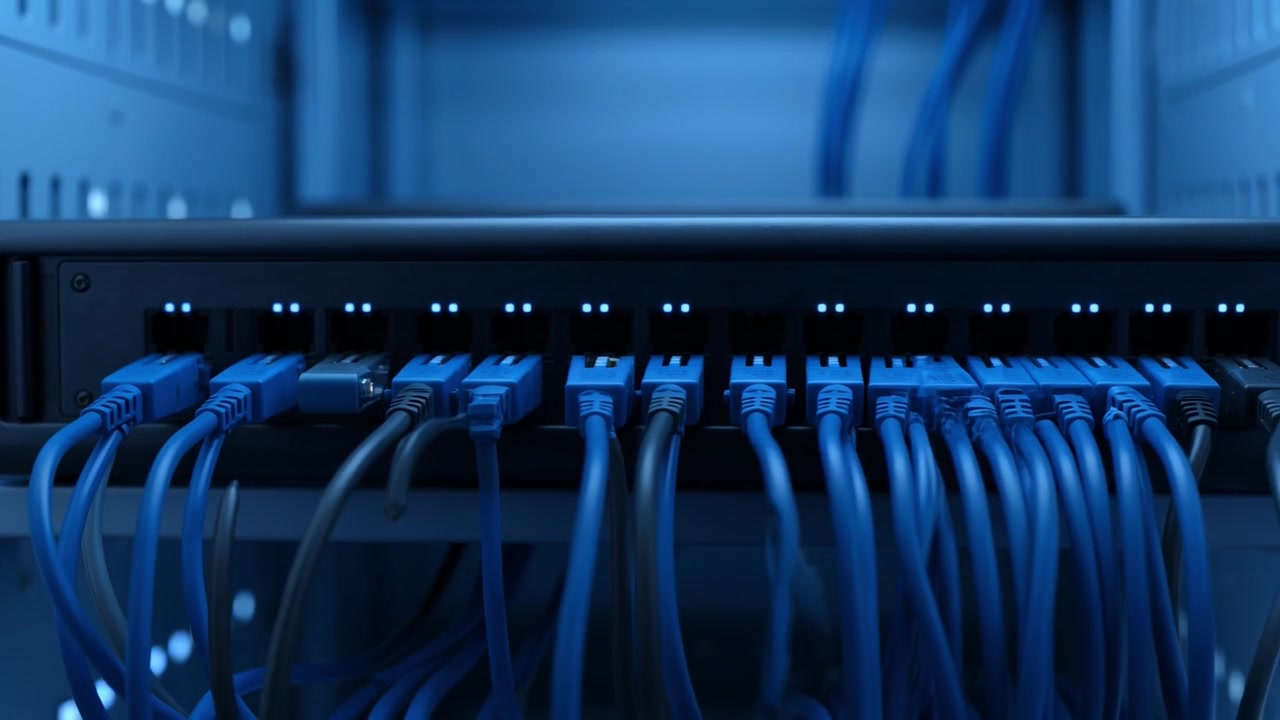 Network Switch with Connected Ethernet Cables in Server Rack