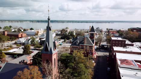 aerial pullout from church steeple and city hall in new bern nc, north carolina