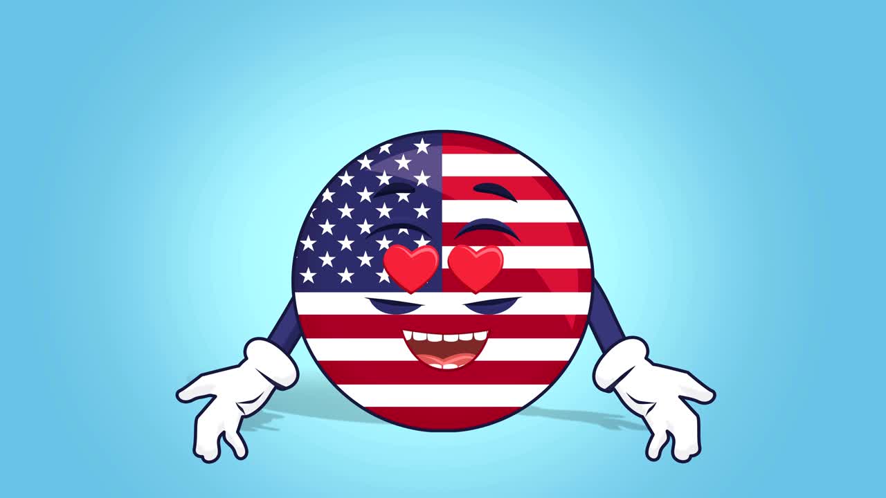 Icona bandiera USA Stati Uniti d'America cartone animato, occhi a cuore innamorati con animazione facciale