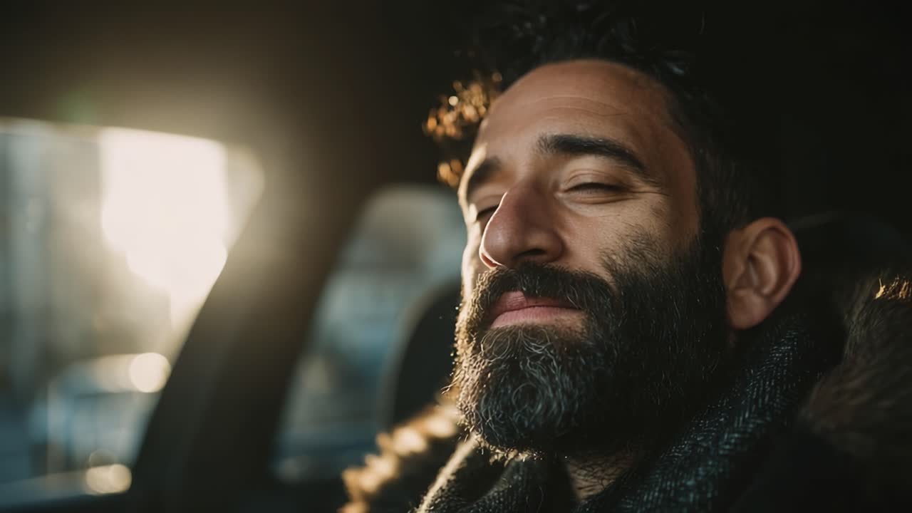 A Man Enjoying a Serene Moment in a Car, Embracing Tranquility and Reflecting on Life While the Warm Sunlight Streams Through the Window