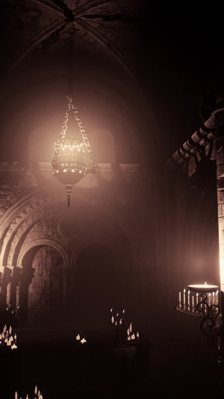 el interior oscuro y brumoso de una vieja iglesia