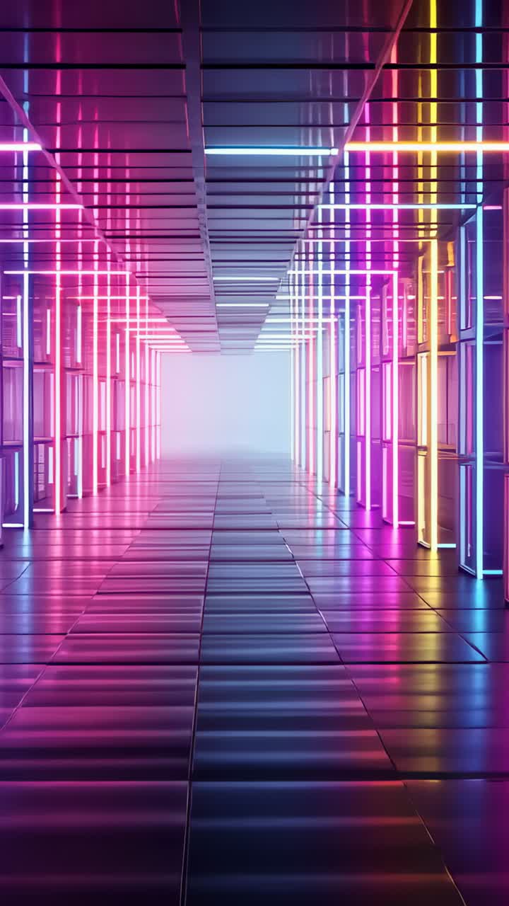 Vertical video: Camera tracking through neon corridor, neon tubes pulsing, revealing glowing haze