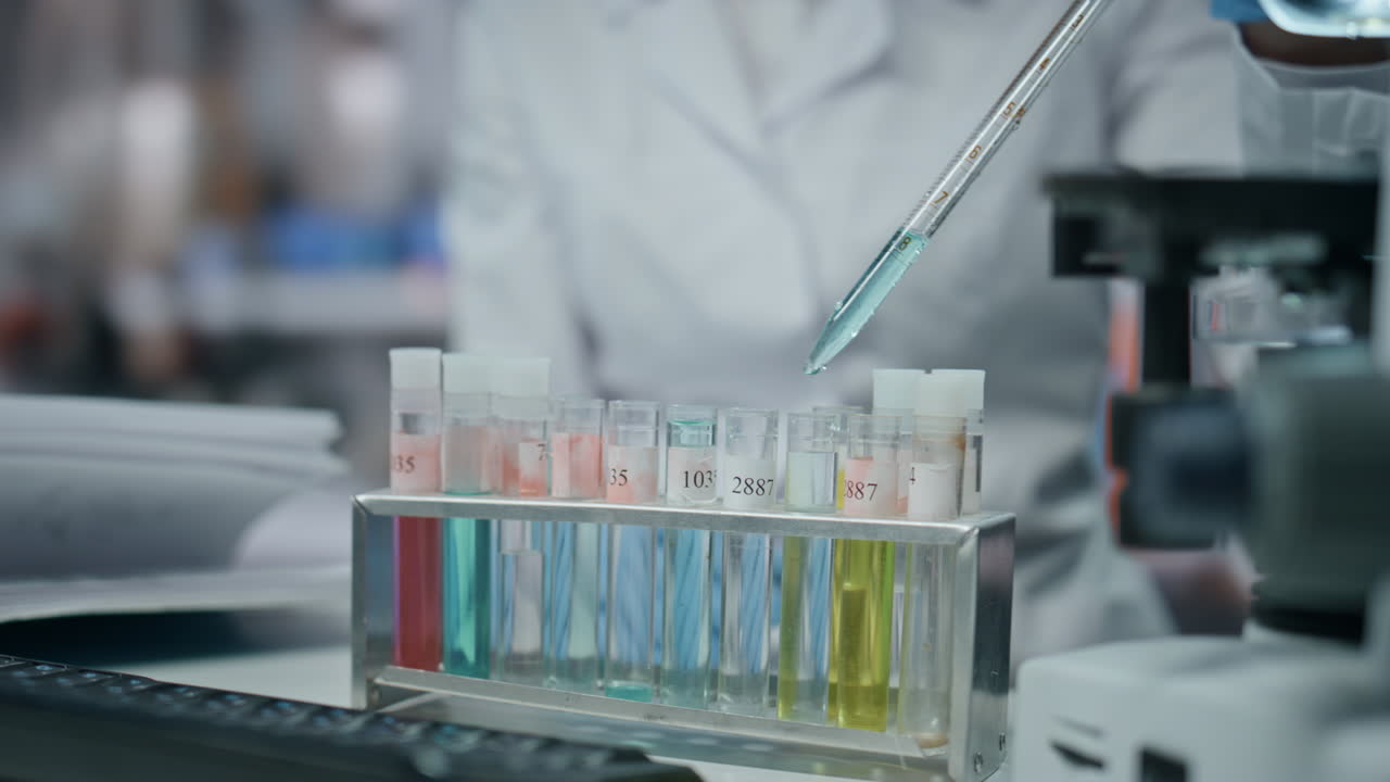 Scientist hand using pipette filling test tube conducting experiment close up.