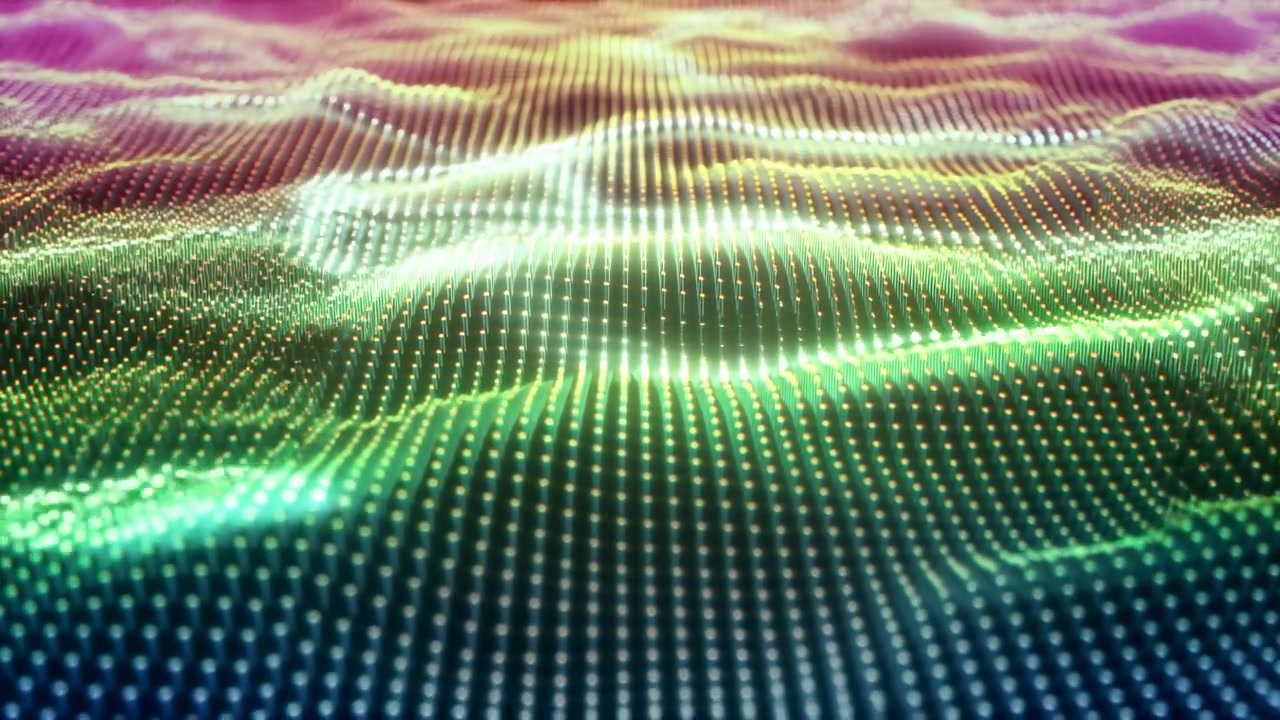 Vibrant Neon Particle Wave Grid Pulsing Across Undulating Surface Shimmering Dots Form Digital Landscape