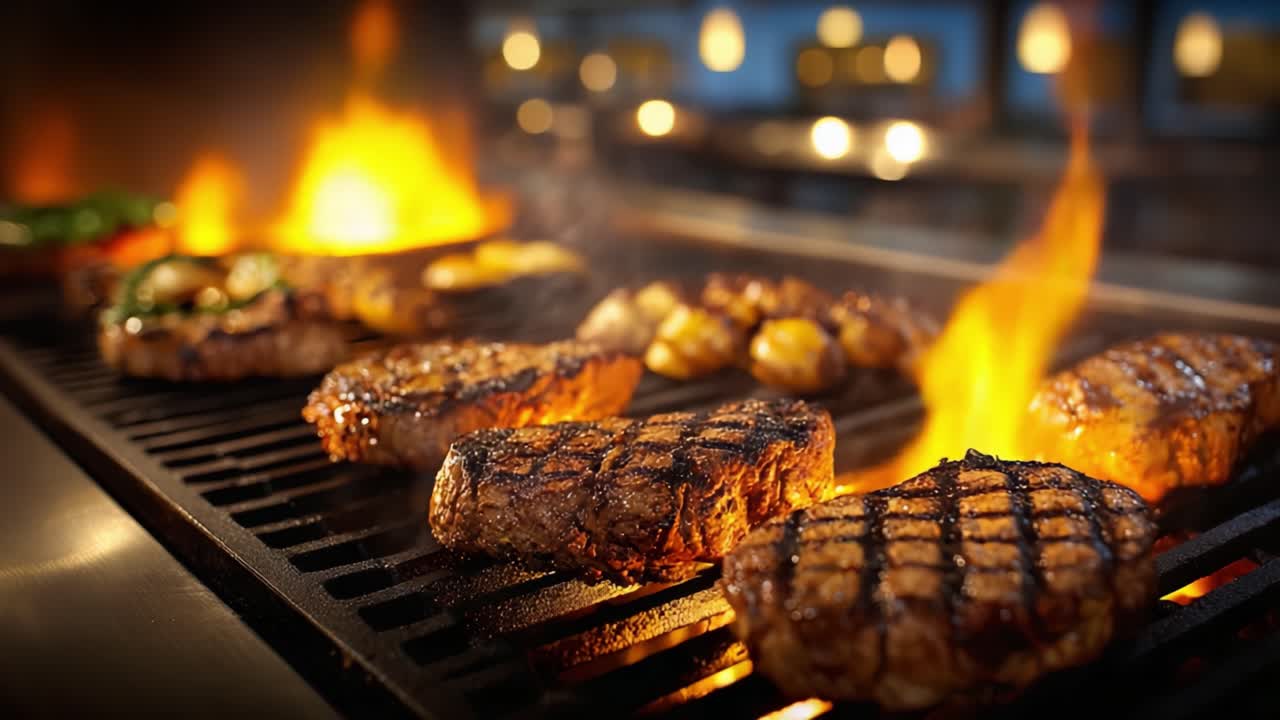 Jugosos filetes a la parrilla con llamas en un entorno de cocina profesional: Una deliciosa muestra de arte culinario y técnicas de cocina.