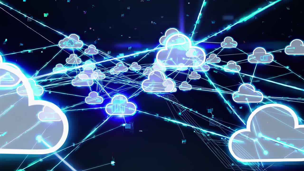 Futuristic video concept of digital cloud networks with a dynamic low-angle view