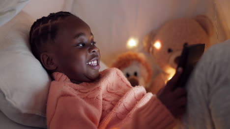 girl, tablet and child in bedroom at night