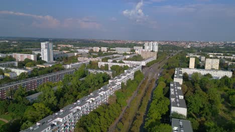 halle neustadt, a district in germany, showing a dense collection of plattenbau buildings, a common form of prefabricated architecture. unique aerial view flight overflight flyover drone