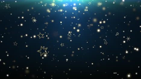 copos de nieve dorados cayendo y estrellas en el cielo nocturno azul.