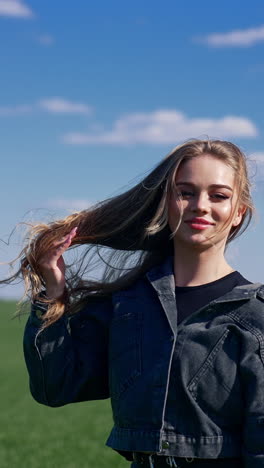 attractive model with fluttering hair on field. smiling young woman walking and looking on camera on green nature background. slow motion. vertical video