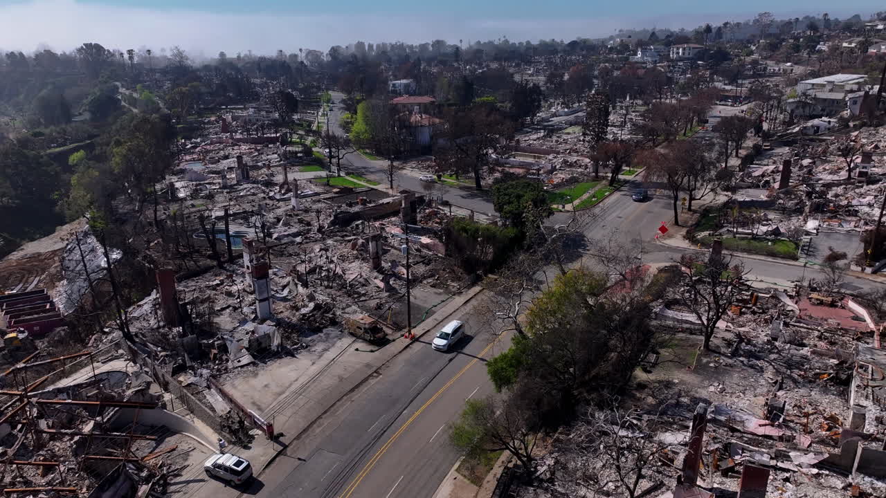 Aerial view of a neighborhood devastated by wildfire