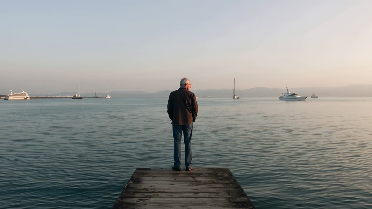 Uomo anziano in piedi, in giacca scura e jeans blu, su un molo di legno, si gira a guardare uno yacht che passa.