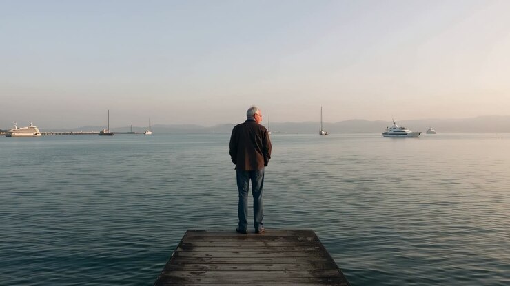 Uomo anziano in piedi, in giacca scura e jeans blu, su un molo di legno, si gira a guardare uno yacht che passa.