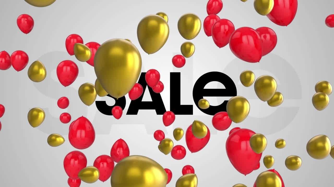 animación de globos dorados y rojos flotando sobre el texto de la venta del estandarte contra un fondo gris