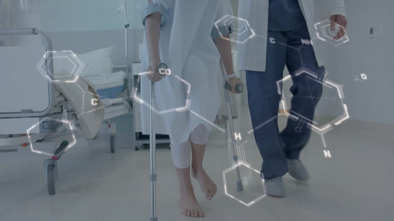 Chemical structure animation over patient walking with crutches assisted by medical professional