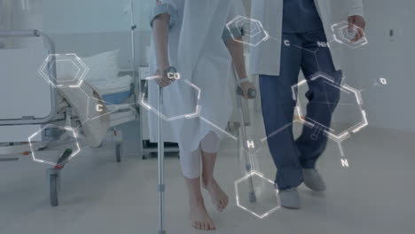 chemical structure animation over patient walking with crutches assisted by medical professional