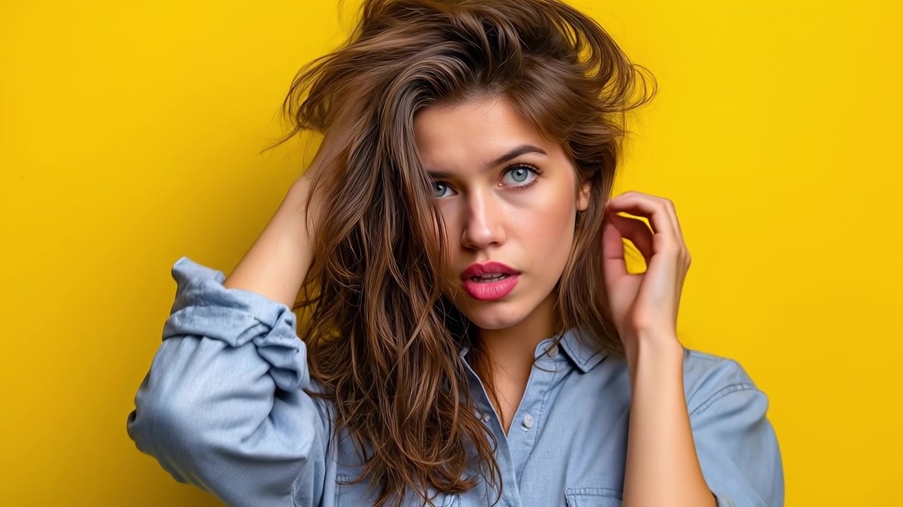 Bella giovane donna che si tocca i capelli castani spettinati su uno sfondo giallo brillante.