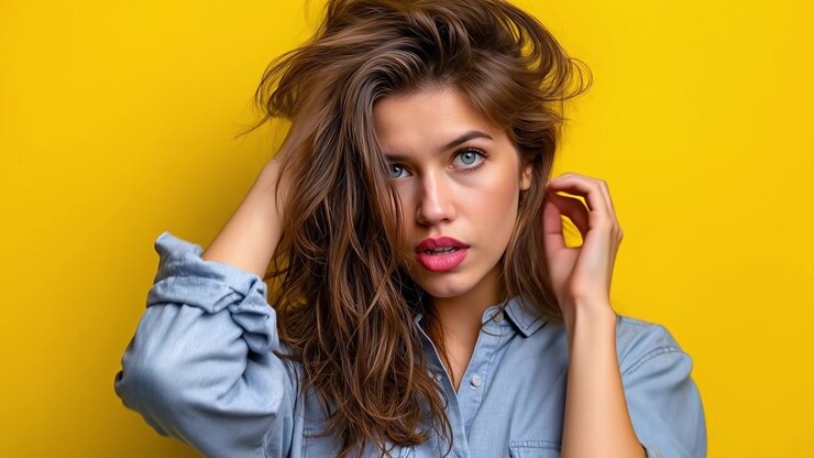 Bella giovane donna che si tocca i capelli castani spettinati su uno sfondo giallo brillante.