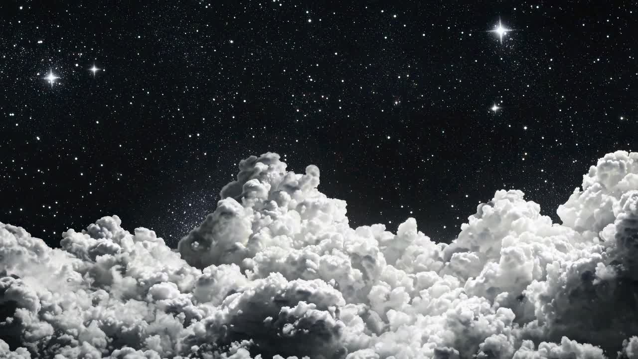 Aerial video view of fluffy clouds against a starry night sky, creating a dreamy, celestial