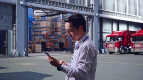 side view of an asian male professional worker standing with his smartphone, outside of logistics distributions warehouse, checking on his smartphone with meditation