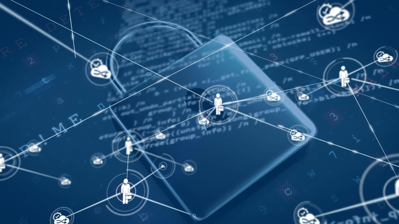 Network of digital icons and security padlock icon against data processing on blue background