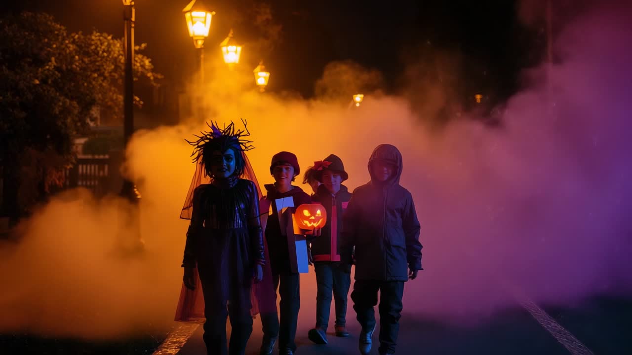 Stepping children walking toward camera on street at night, trick-or-treating with jack-o-lantern