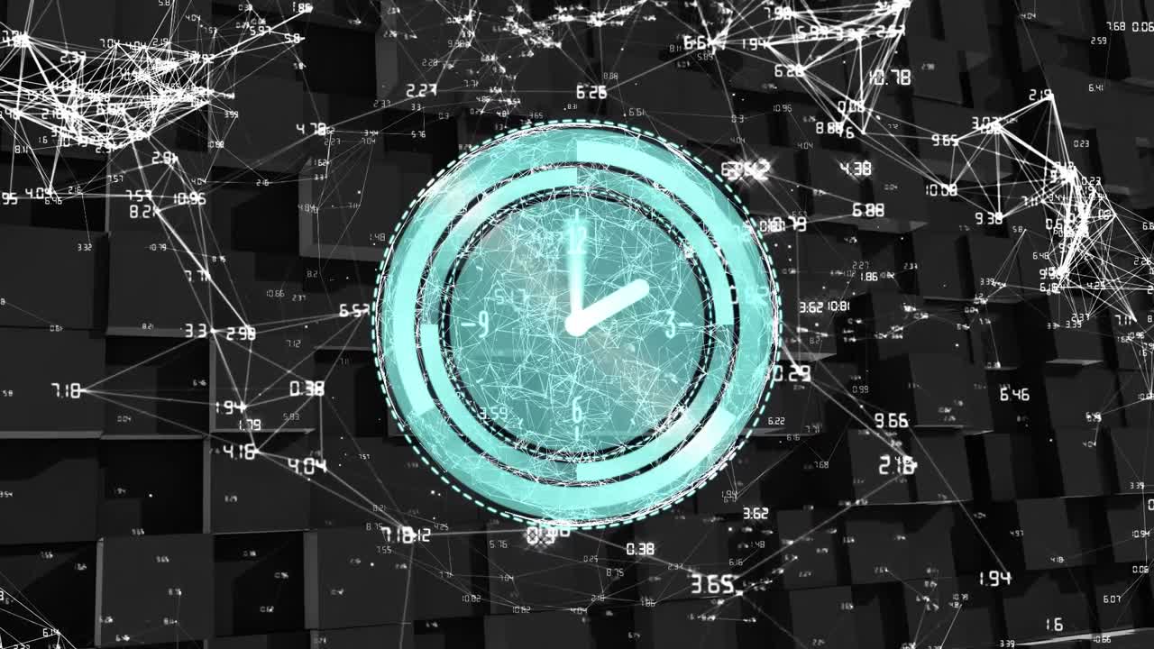 animación de la red de conexiones y el reloj en fondo oscuro