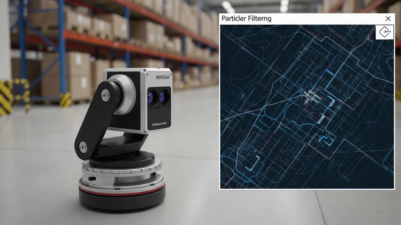 A robotic camera system is shown alongside a complex data visualization in a warehouse setting, emphasizing modern technology and data processing applications