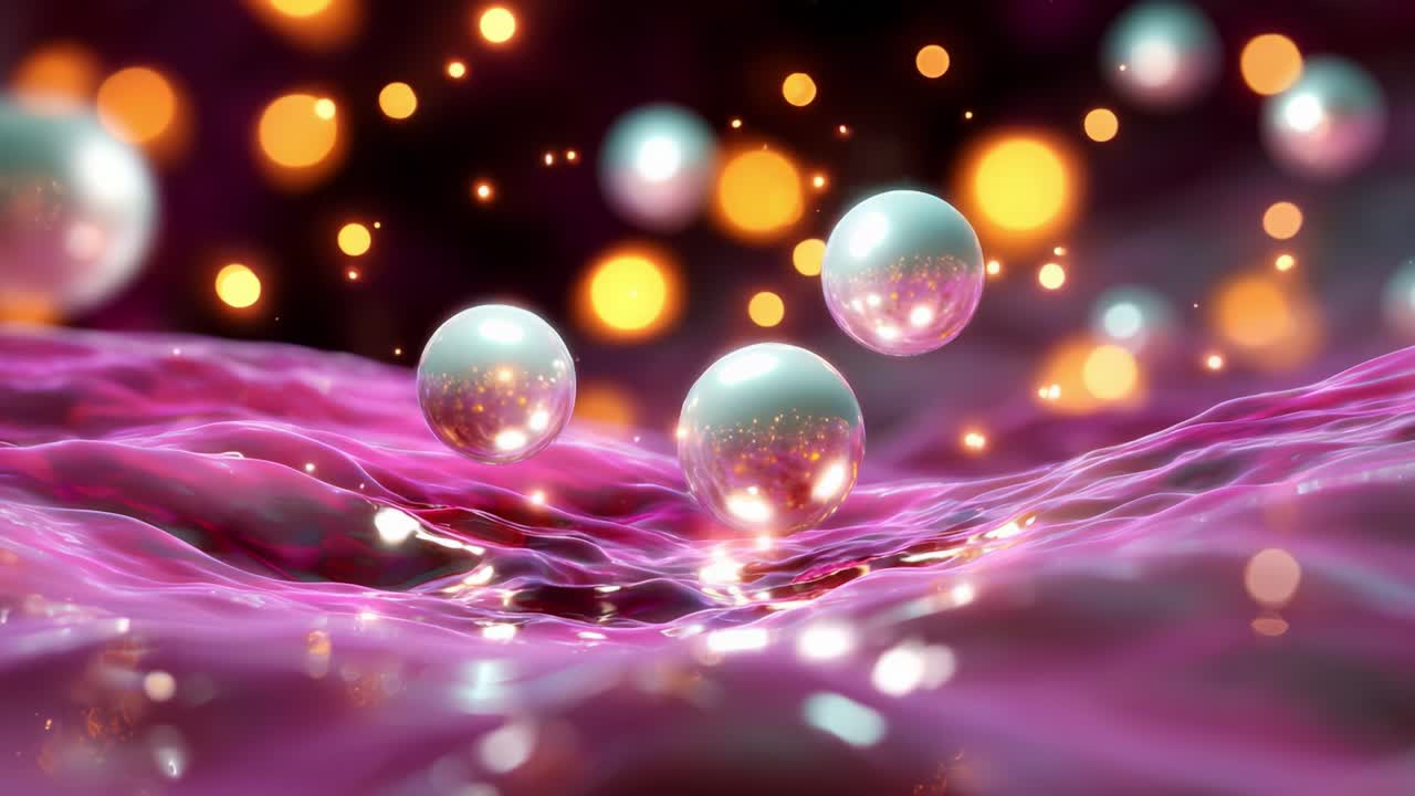 An ethereal scene showcases floating luminous spheres amidst a dynamic wave of undulating textures, illuminated by shimmering orbs of light, creating a captivating interplay of colors and reflections