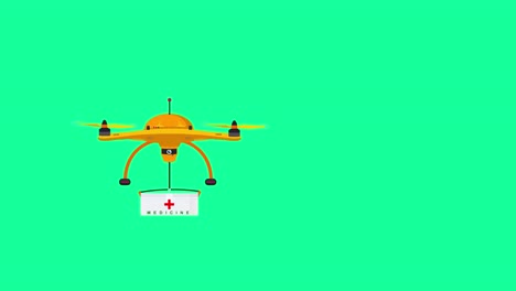 мультипликационное или анимационное изображение беспилотника, доставляющего предметы неотложной медицинской помощи, на зеленом фоне, беспилотник летит слева направо на экране