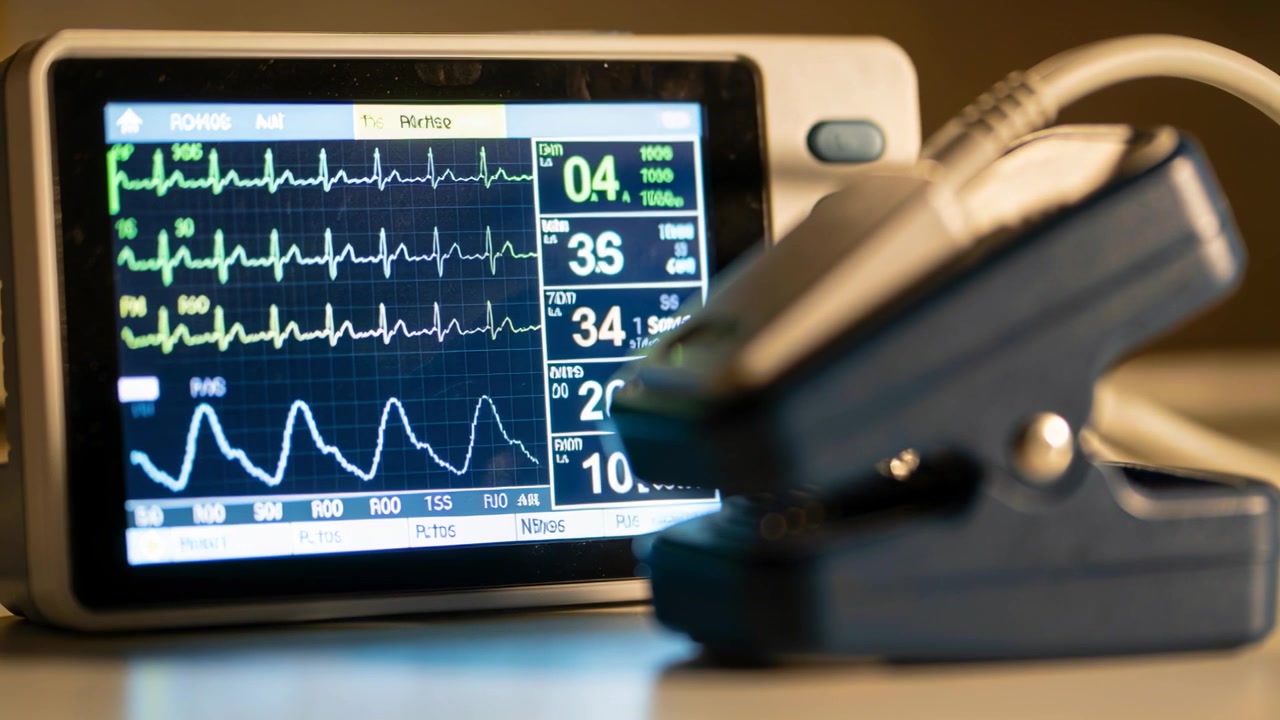 Messa a fuoco dinamica della telecamera che mostra i parametri vitali in tempo reale sul monitor, con un ossimetro blu sul tavolo e spazio per il testo.
